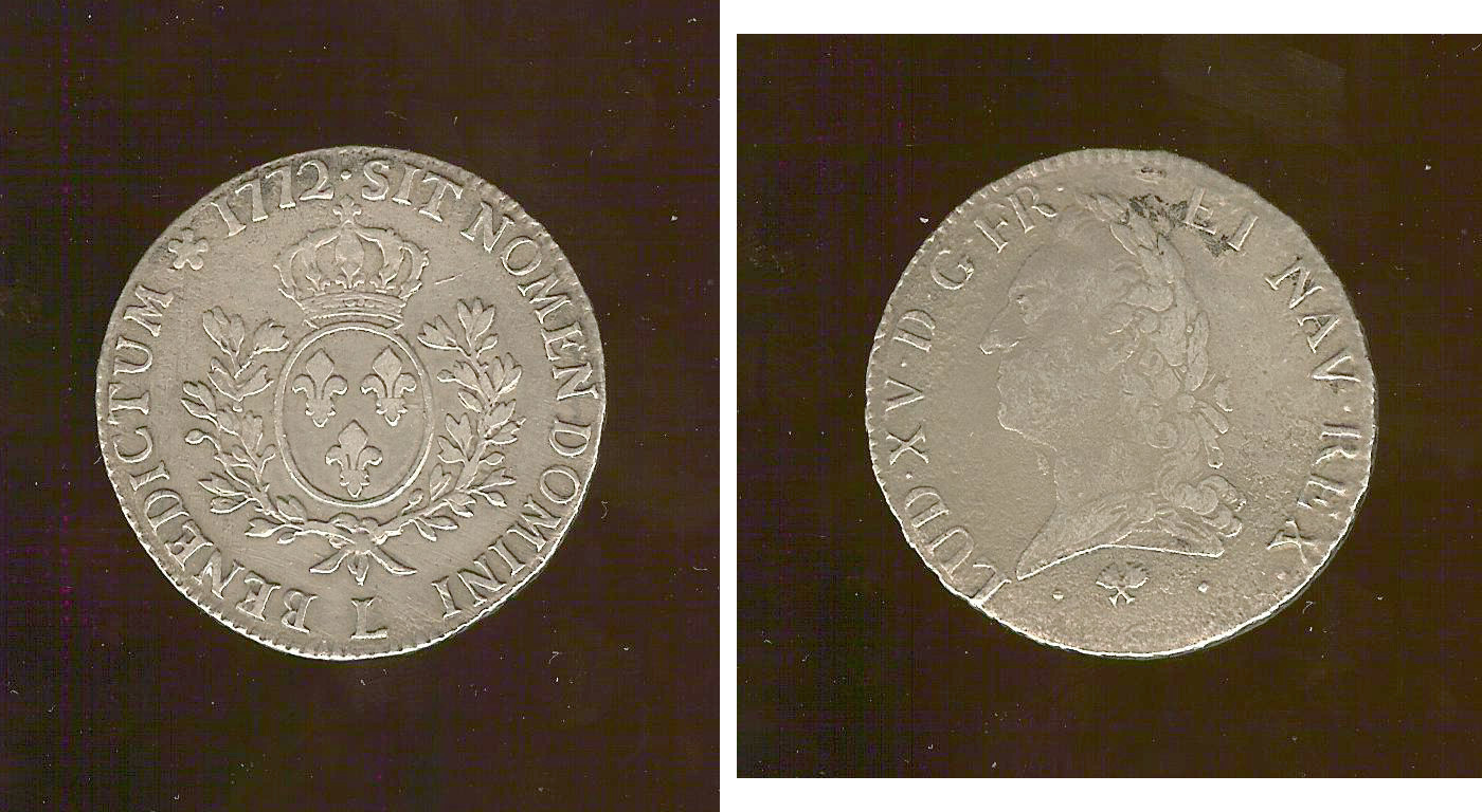 Ecu Louis XV 1772L aVF/gVF